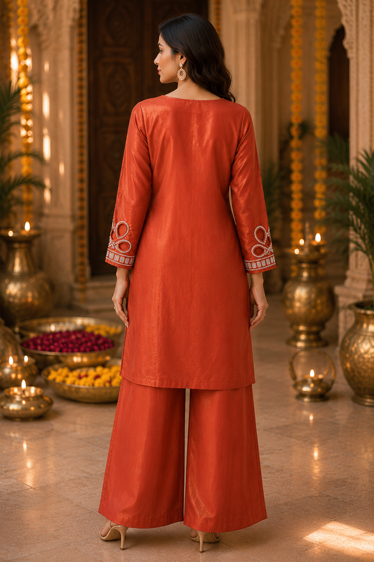 Rust Orange Embroidered Cotton Coord Set