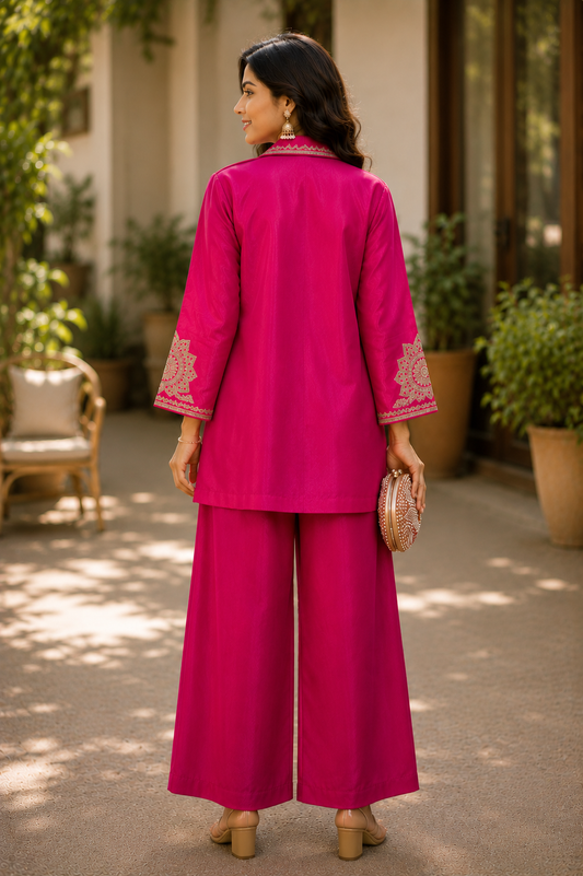 Fuchsia Pink Embroidered Cotton Coord Set