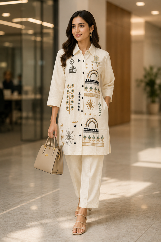 Ivory Embroidered Cotton Coord Set