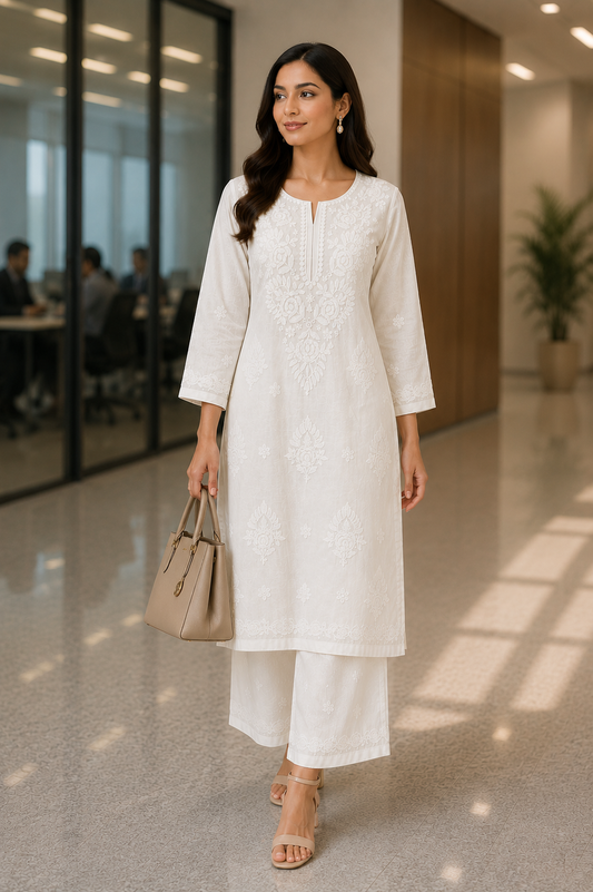 Ivory Embroidered Lucknowi Chikankari Coord Set