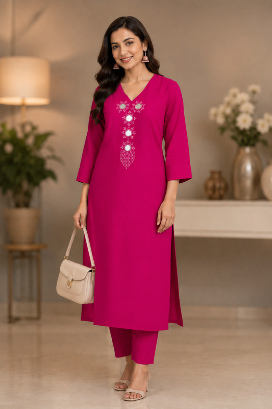 Rani Pink Cotton Embroidered Coord Set