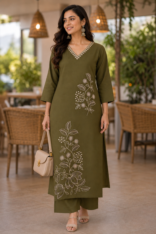 Olive Green Embroidered Coord Set