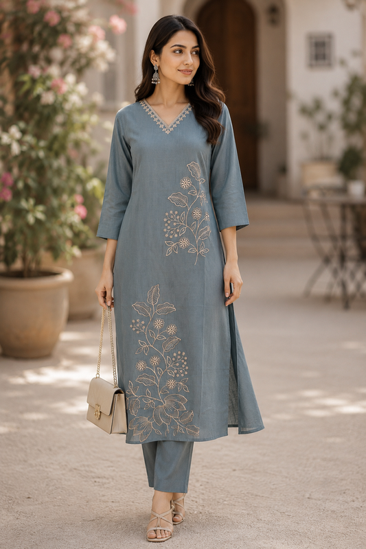 Steel Blue Embroidered Coord Set