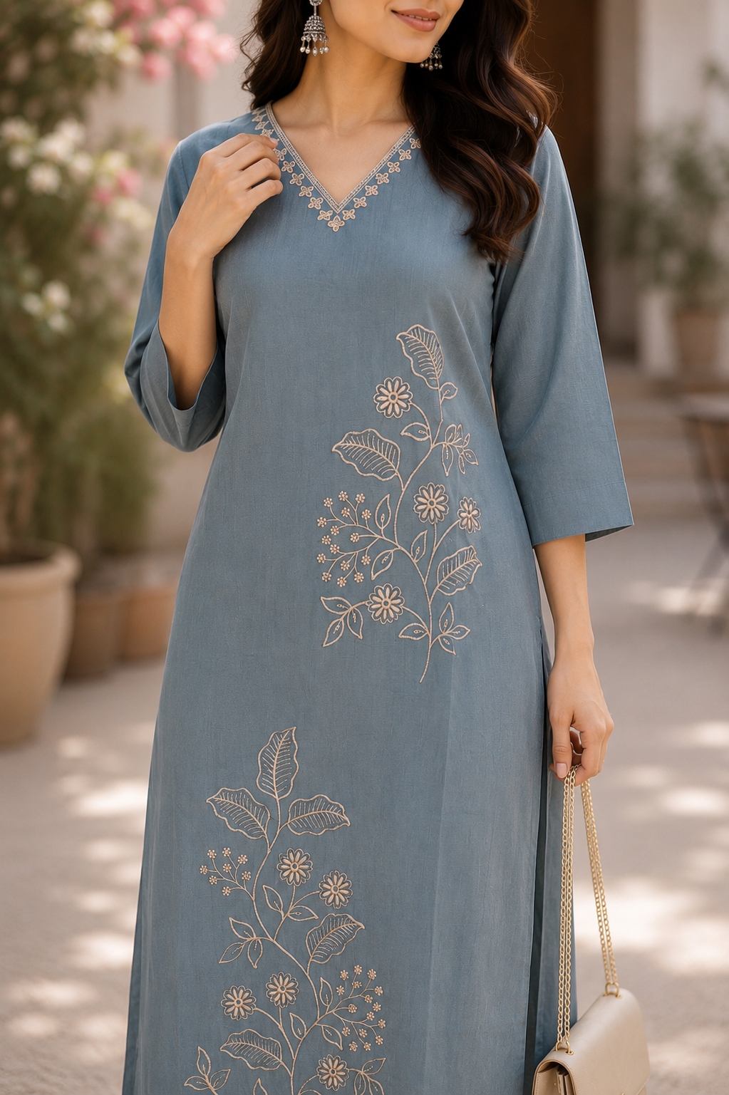 Steel Blue Embroidered Coord Set