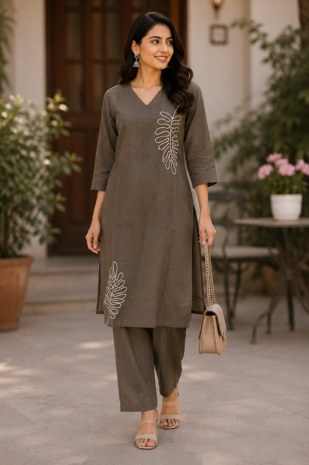 Taupe Brown Embroidered Coord Set