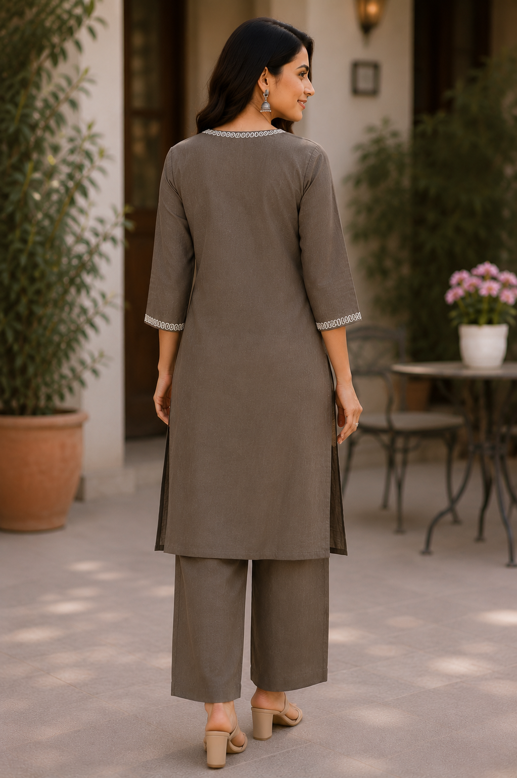 Taupe Brown Embroidered Coord Set