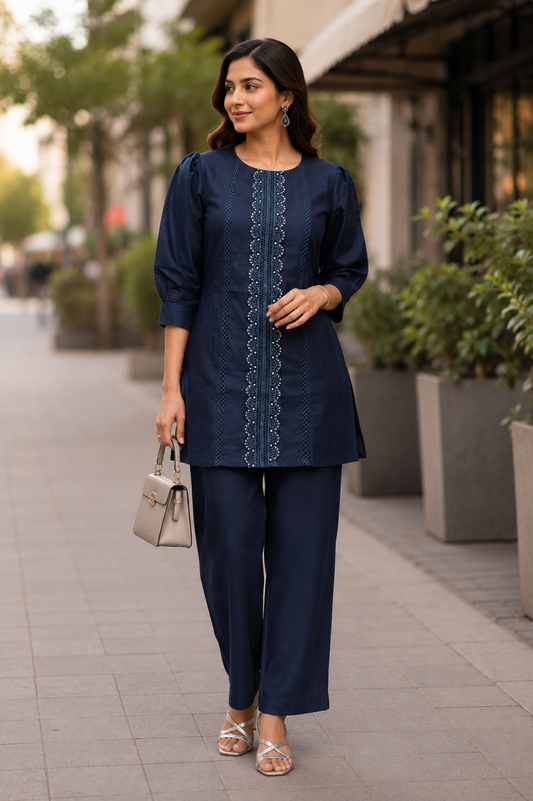 Navy Blue Embroidered Coord Set