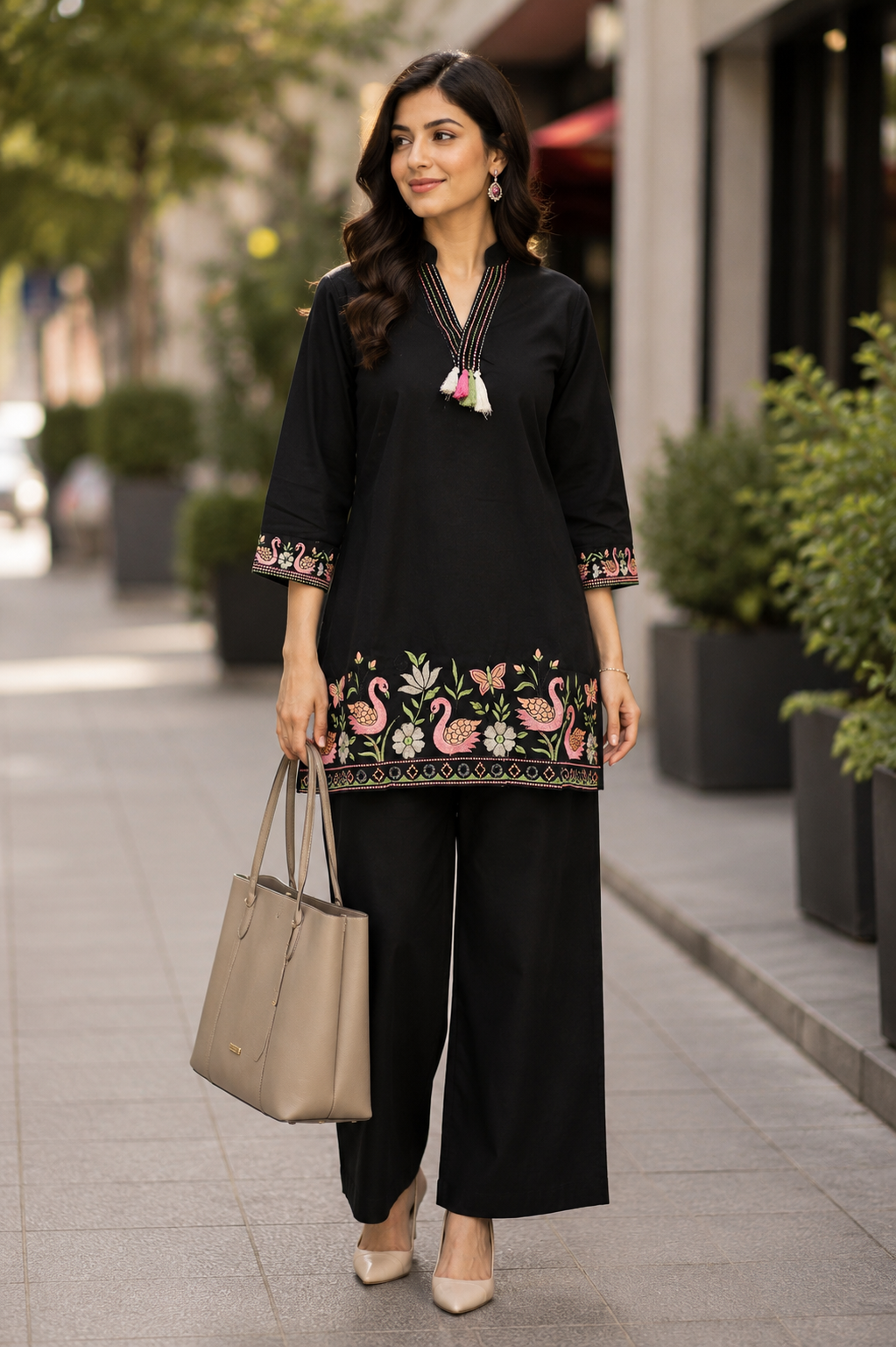 Black Swan Embroidered Cotton Coord Set