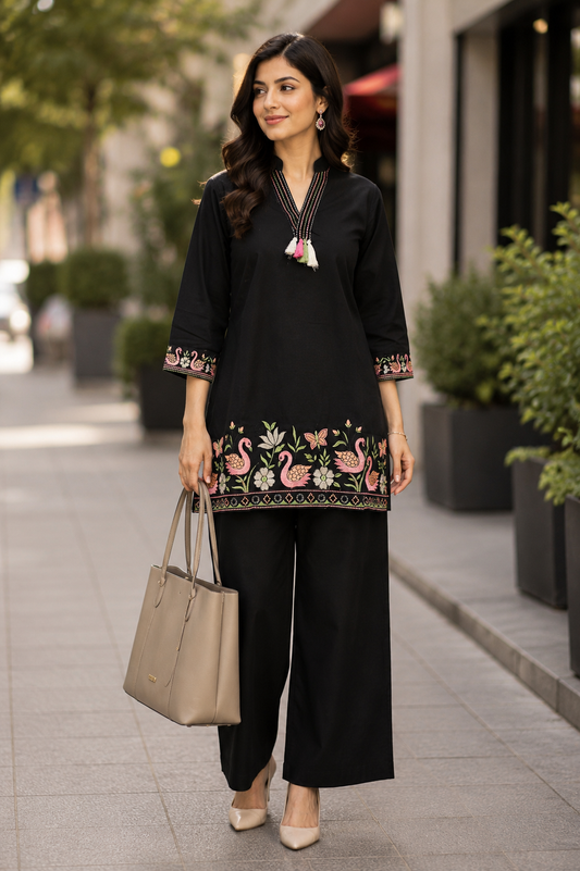 Black Swan Embroidered Cotton Coord Set