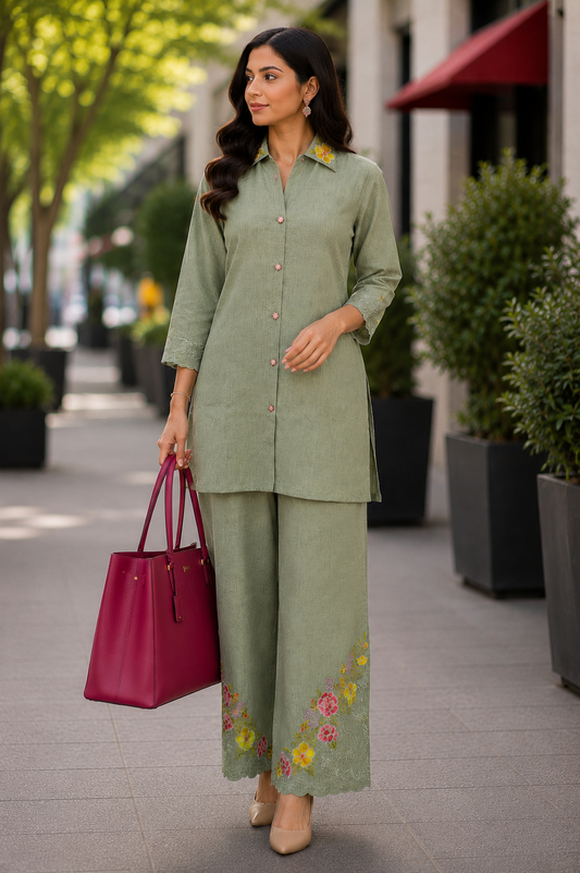 Dual Shade Sage Green Embroidered Coord Set