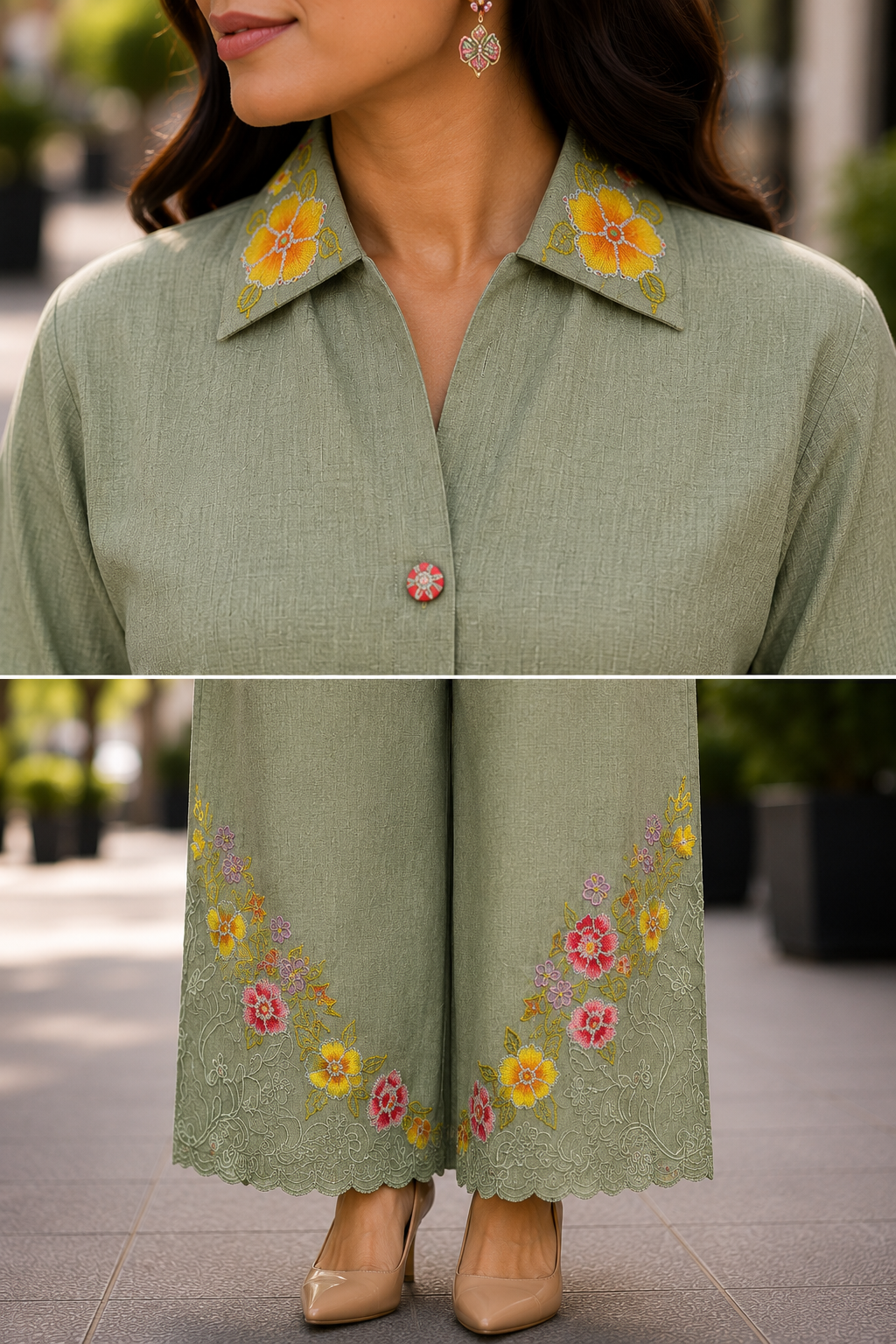 Dual Shade Sage Green Embroidered Coord Set