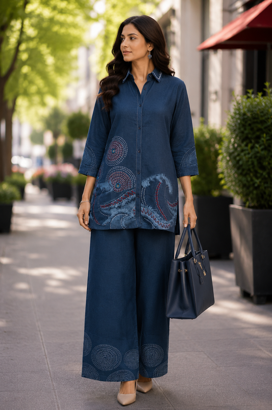 Denim Blue Abstract Print Coord Set