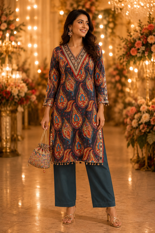 Smoky Grey Paisley Festive Coord Set