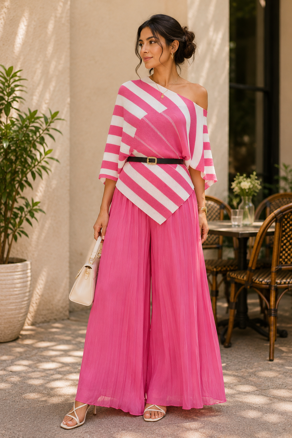 Pink Striped Draped Coord Set