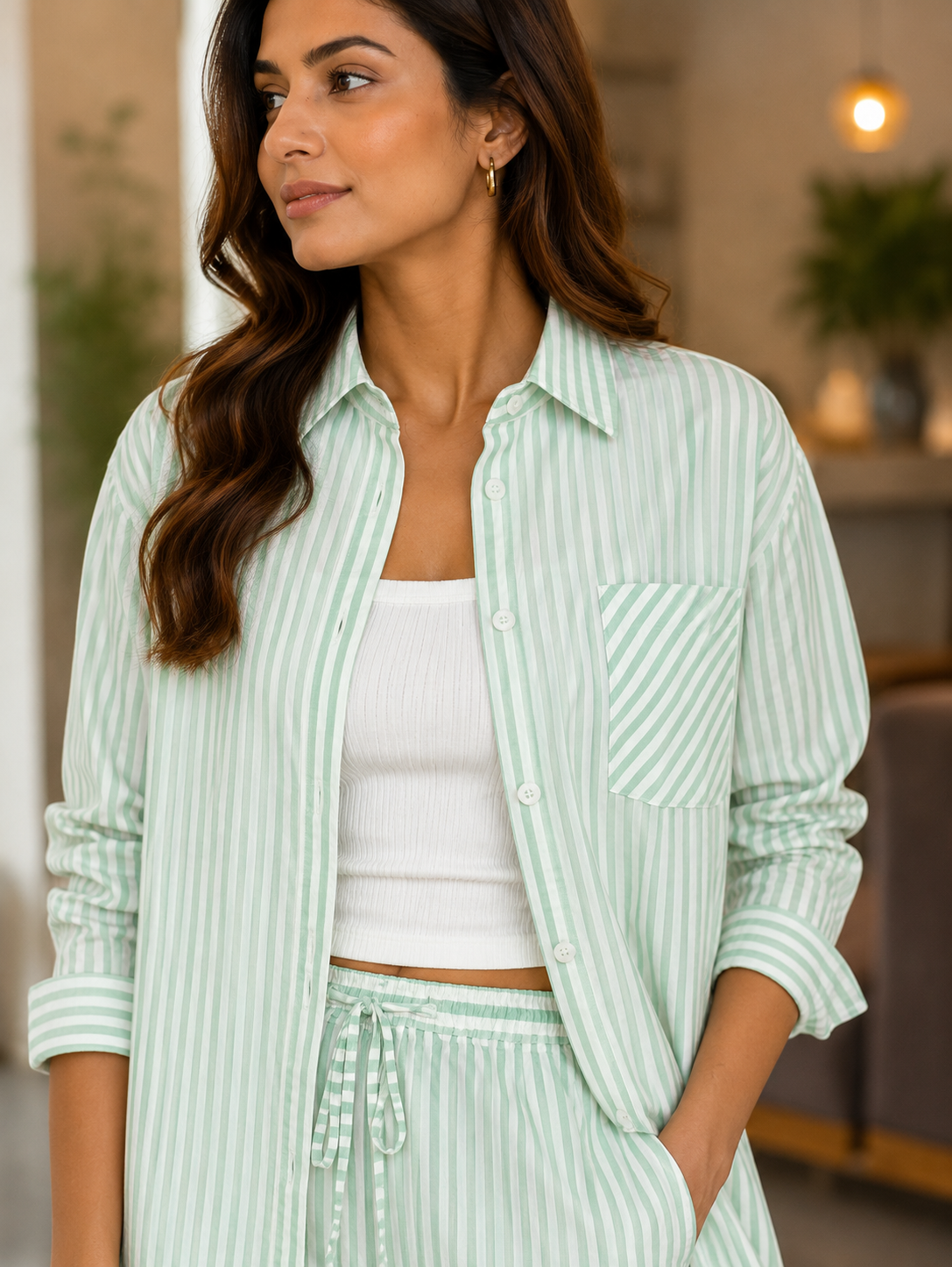 Mint Green Striped Lounge Coord Set