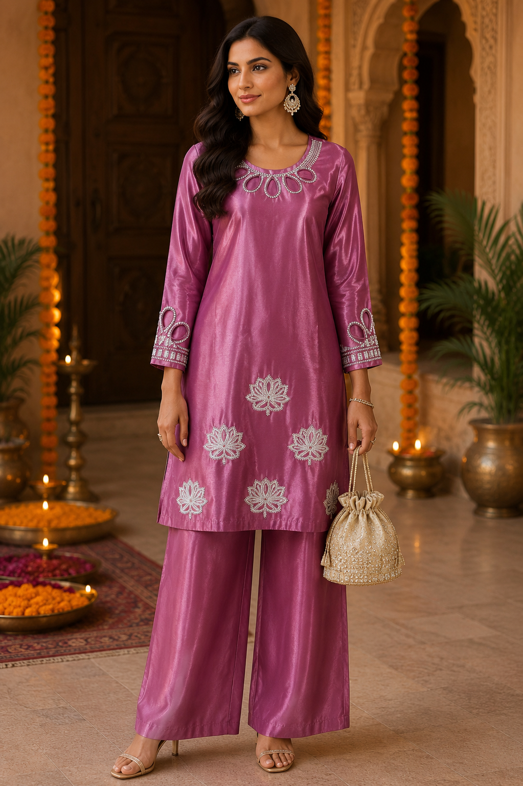 Mauve Pink Embroidered Cotton Coord Set