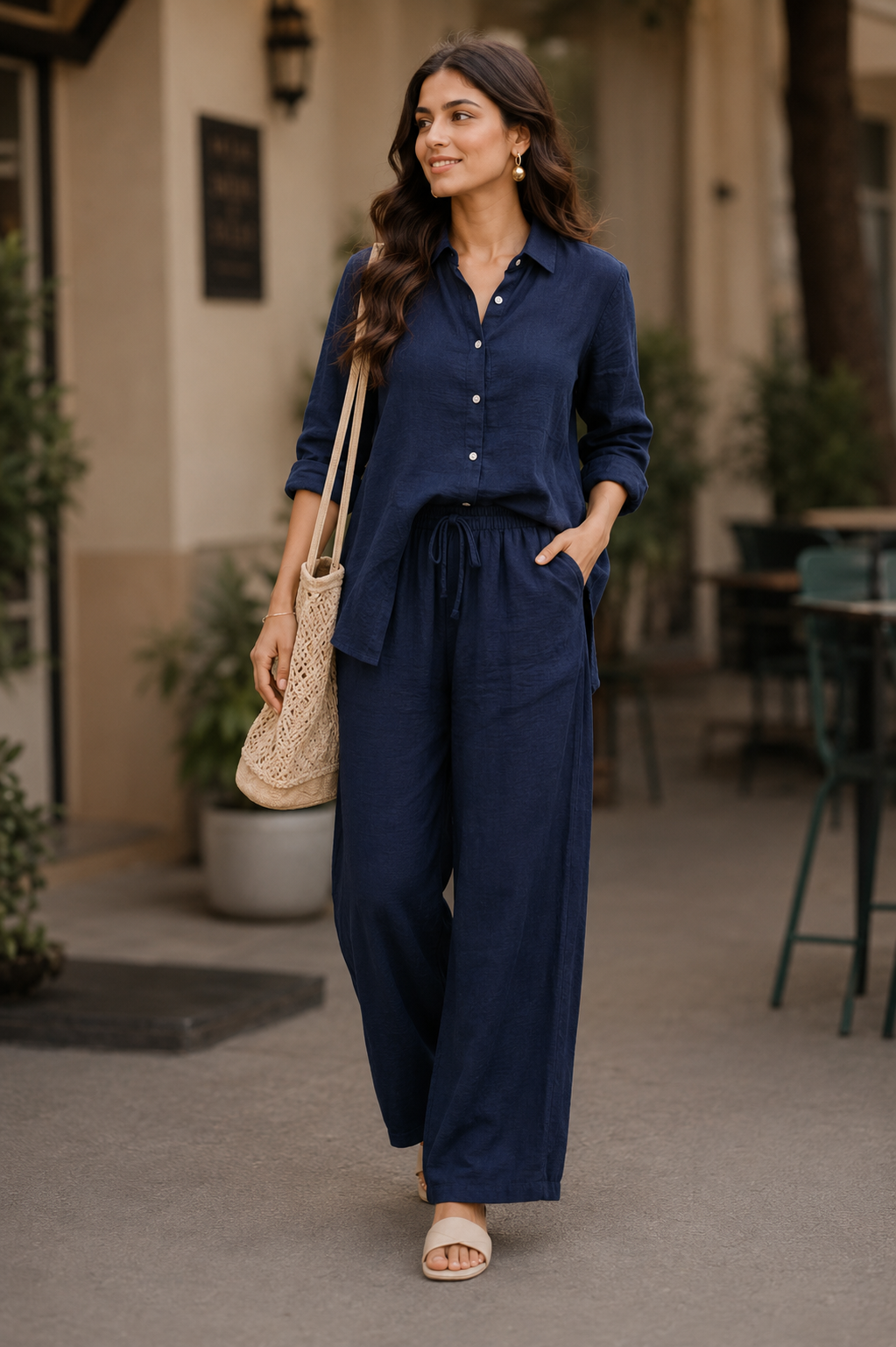 Navy Blue Cotton Casual Coord Set