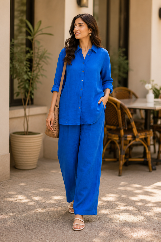 Royal Blue Cotton Casual Coord Set