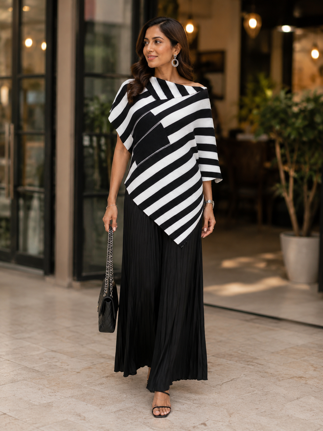 Black Striped Draped Coord Set