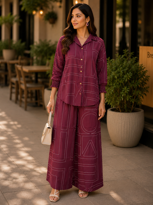 Wine Printed Coord Set