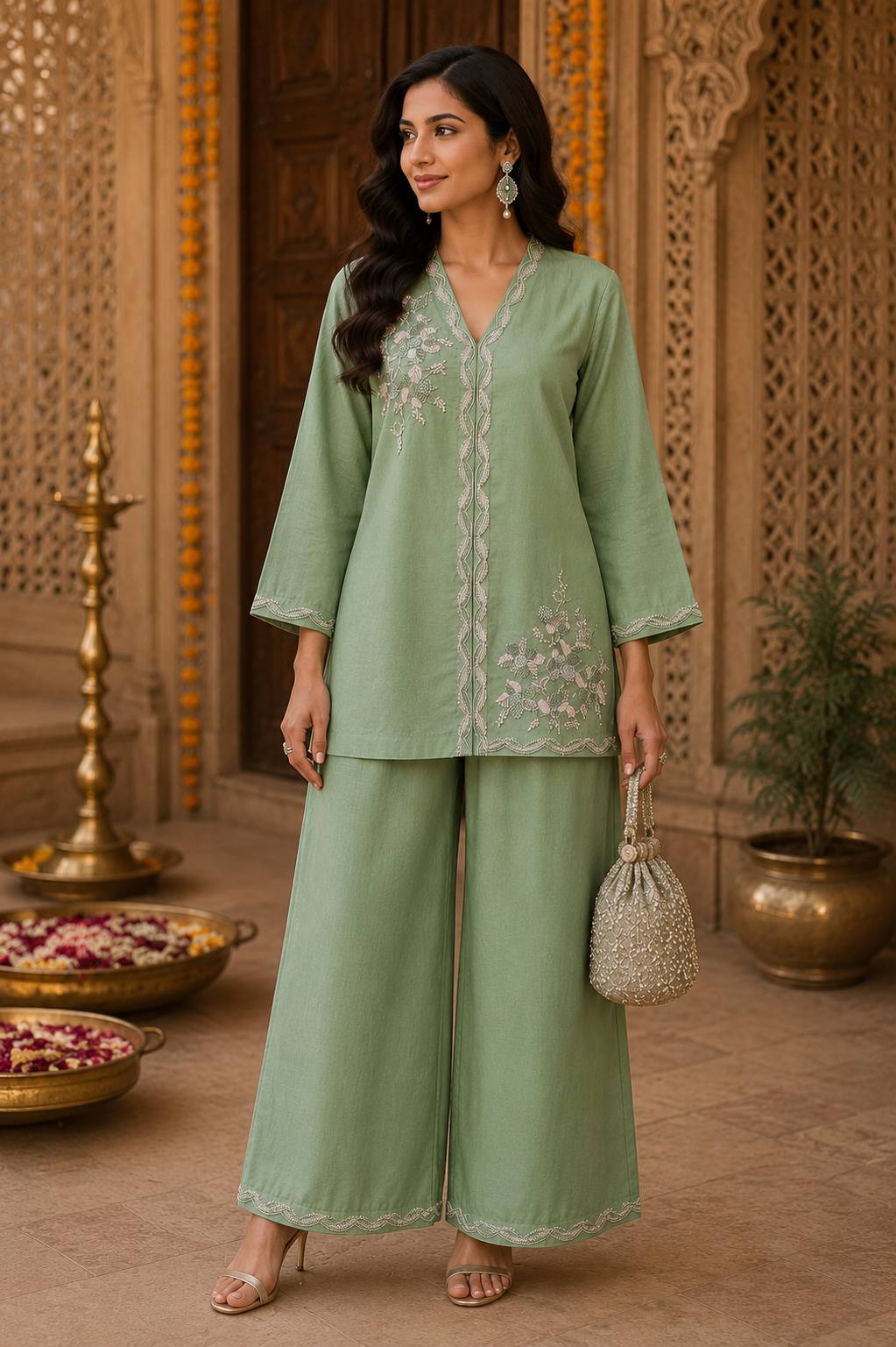 Sage Green Embroidered Cotton Coord Set