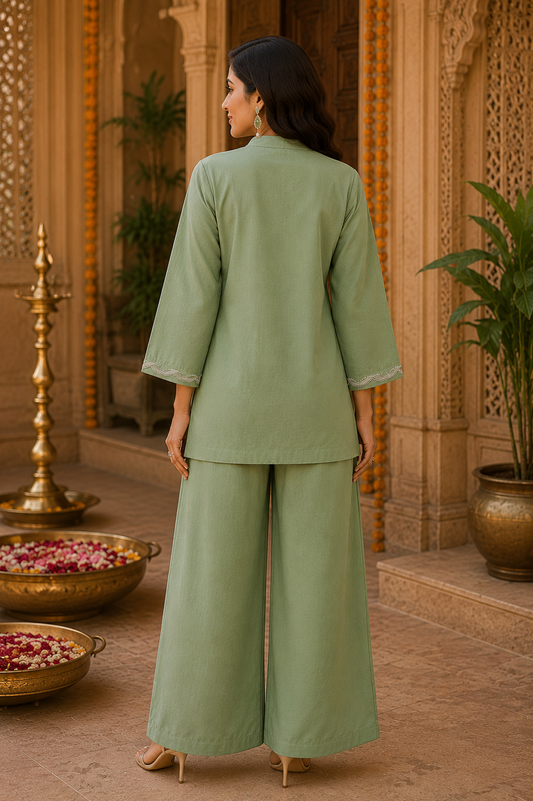 Sage Green Embroidered Cotton Coord Set