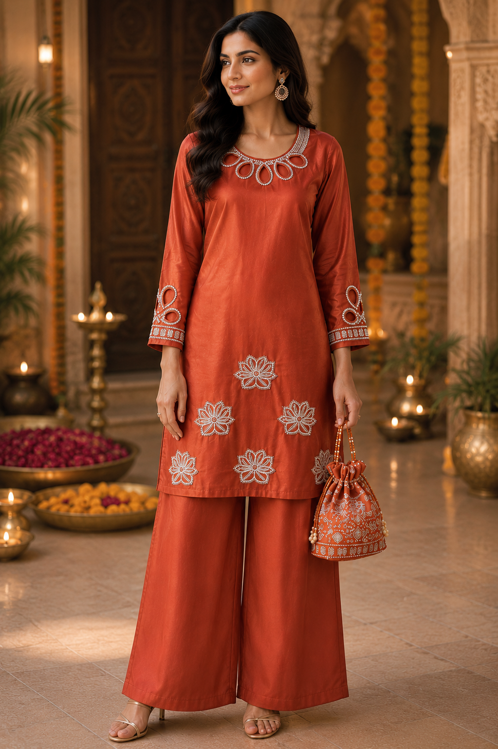 Rust Orange Embroidered Cotton Coord Set