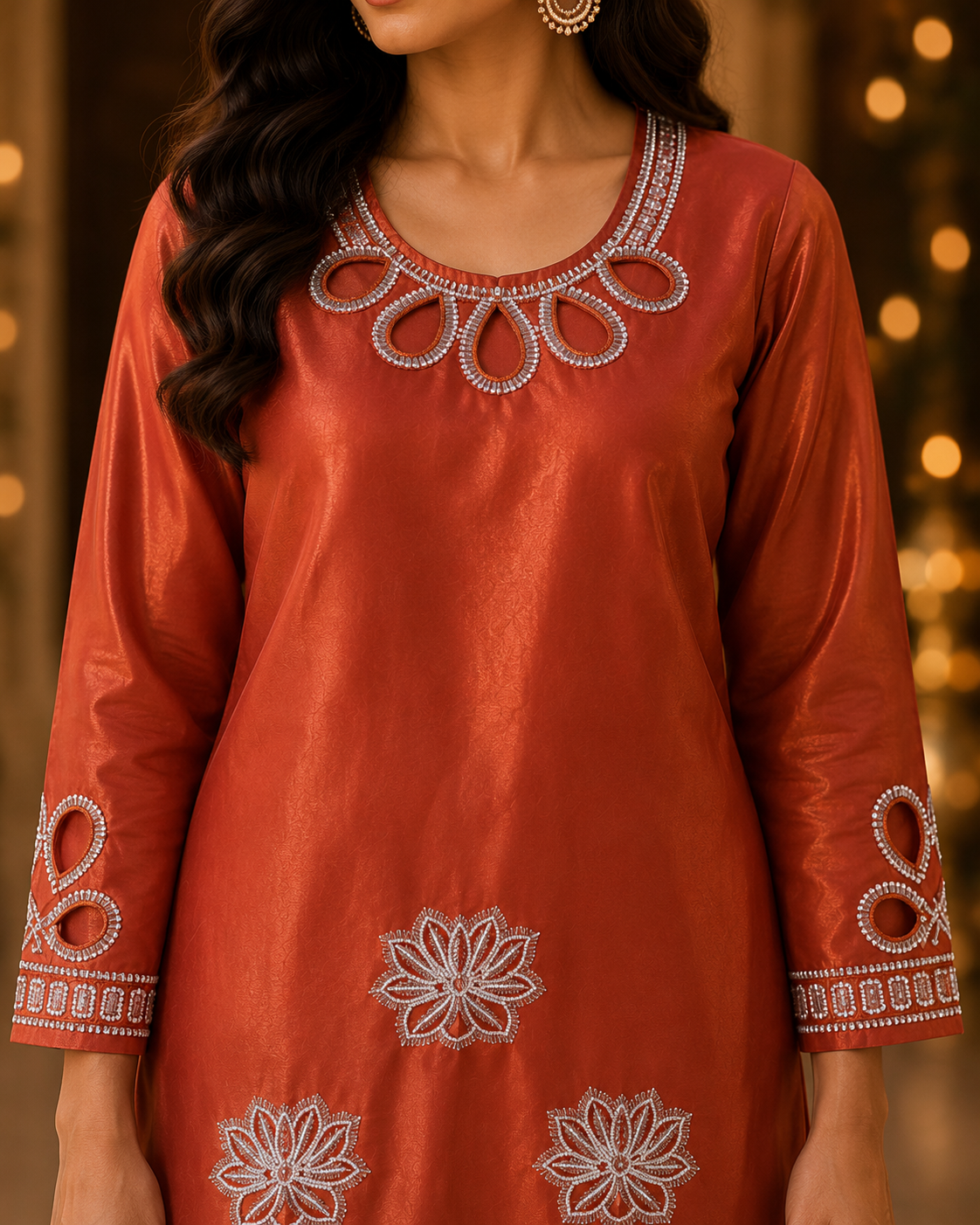Rust Orange Embroidered Cotton Coord Set