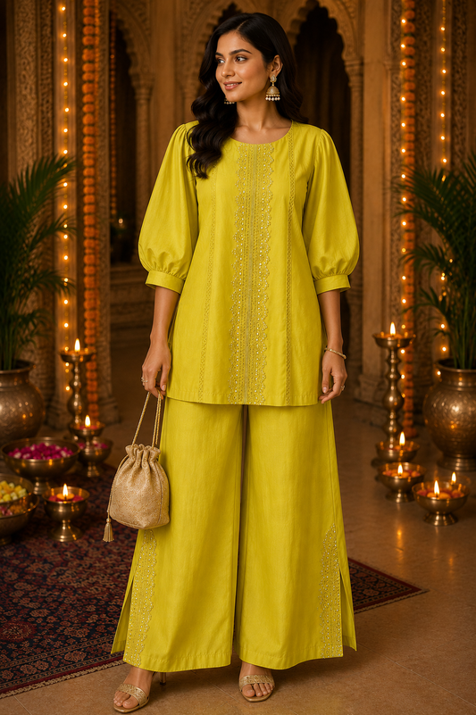 Lime Yellow Embroidered Cotton Coord Set