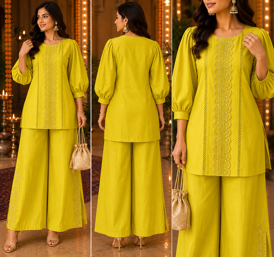 Lime Yellow Embroidered Cotton Coord Set