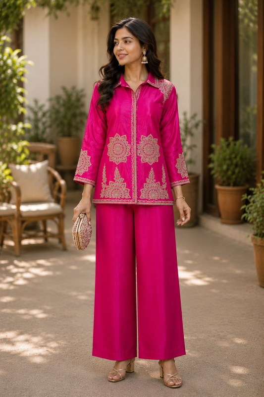 Fuchsia Pink Embroidered Cotton Coord Set