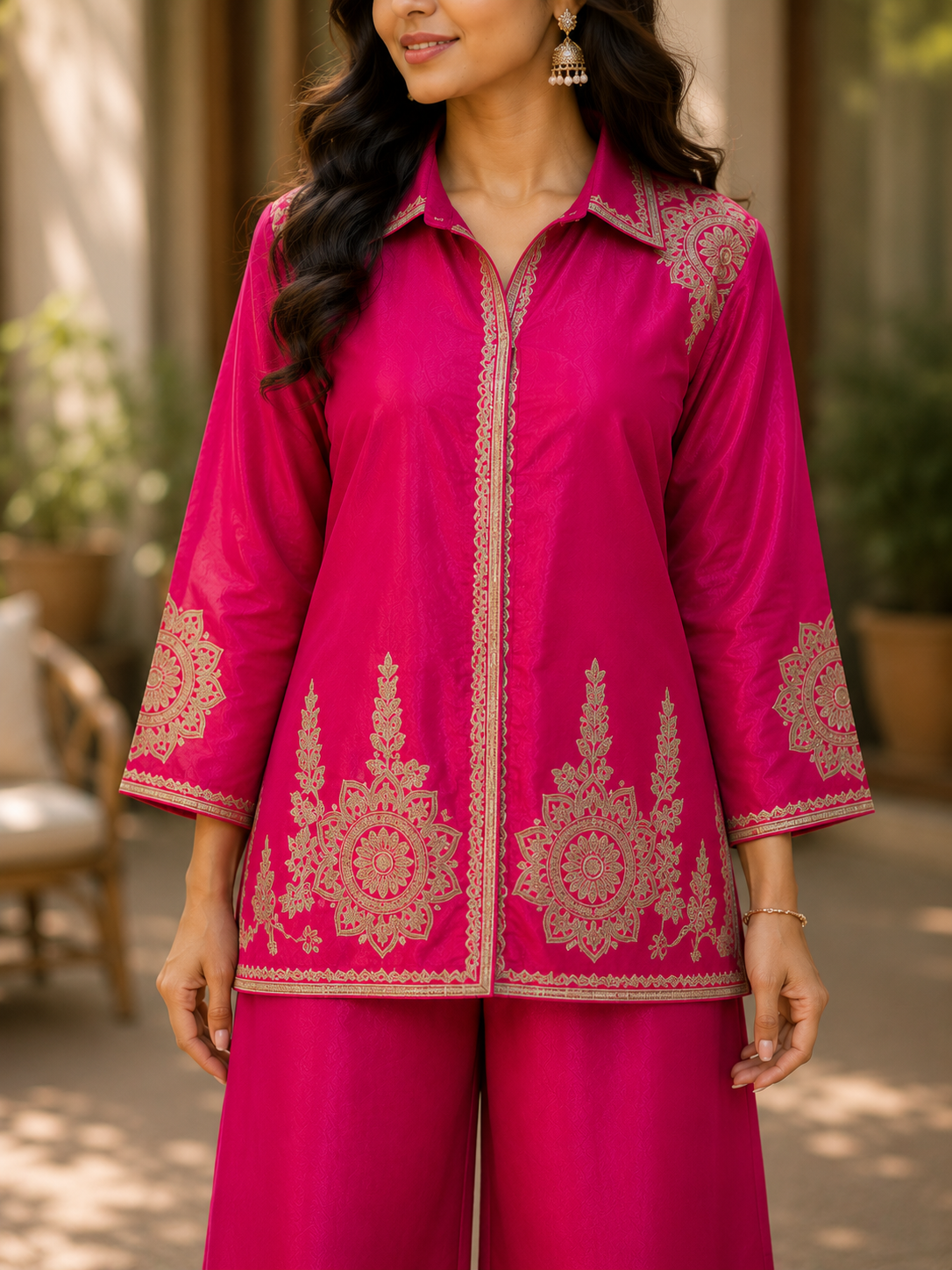 Fuchsia Pink Embroidered Cotton Coord Set