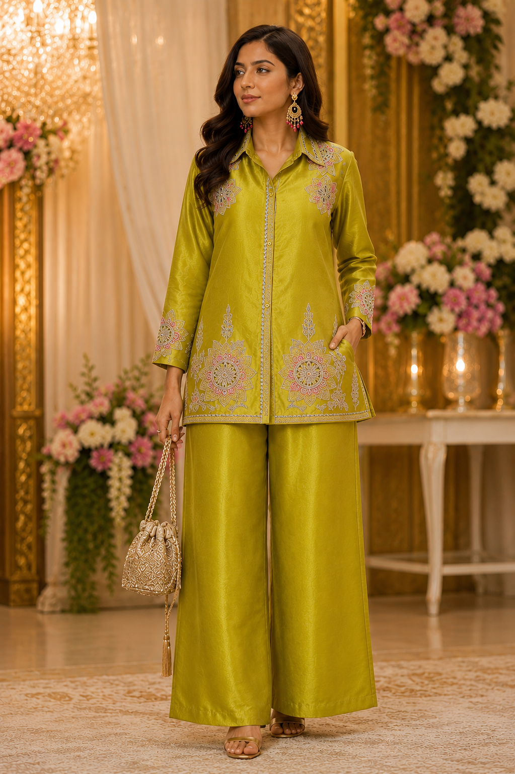 Olive Green Embroidered Coord Set