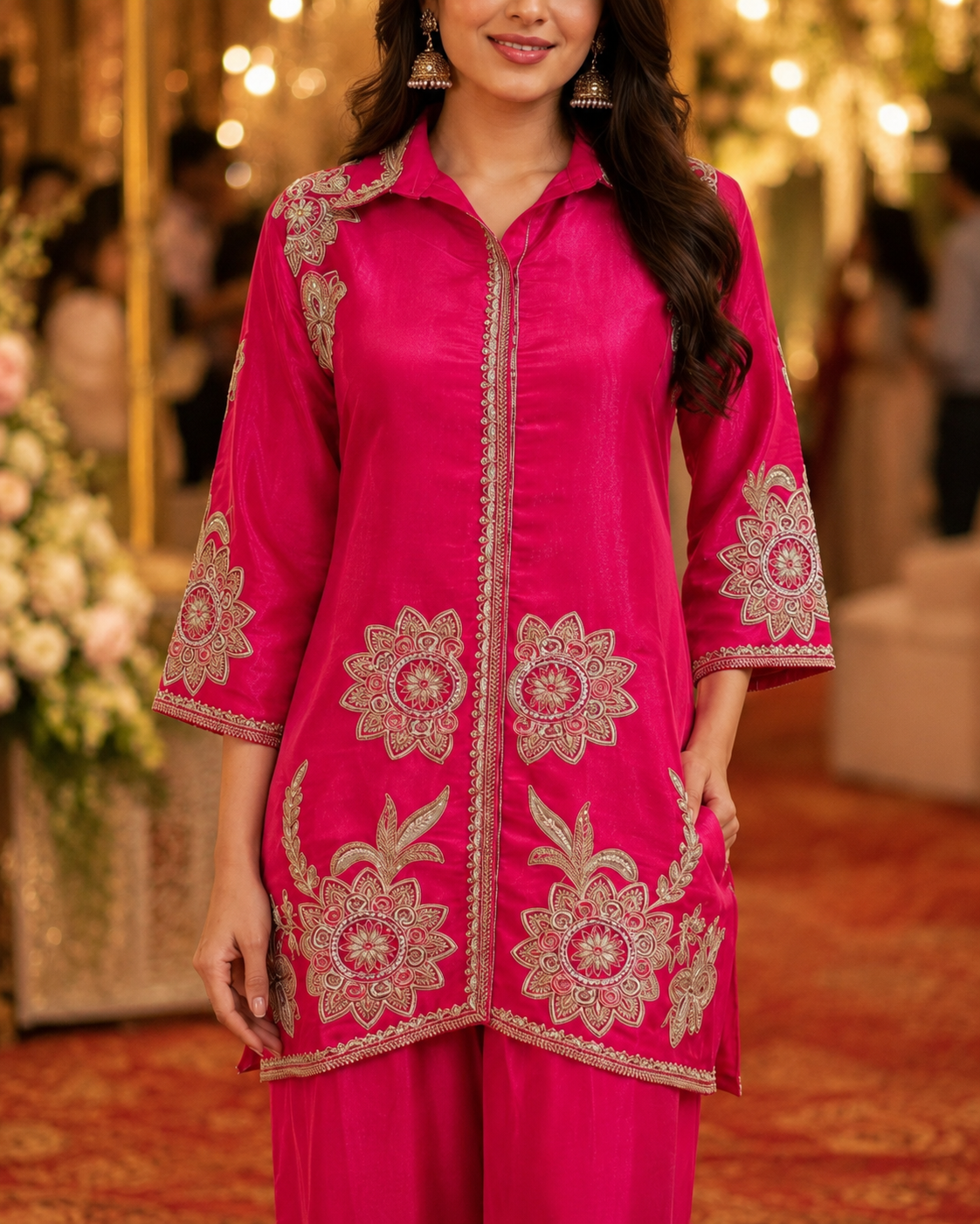 Fuchsia Pink Embroidered Cotton Coord Set