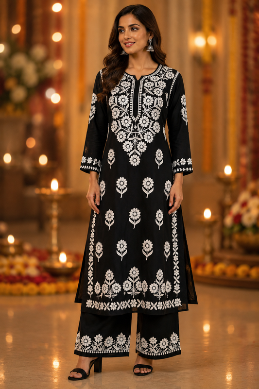 Black Embroidered Lucknowi Chikankari Coord Set