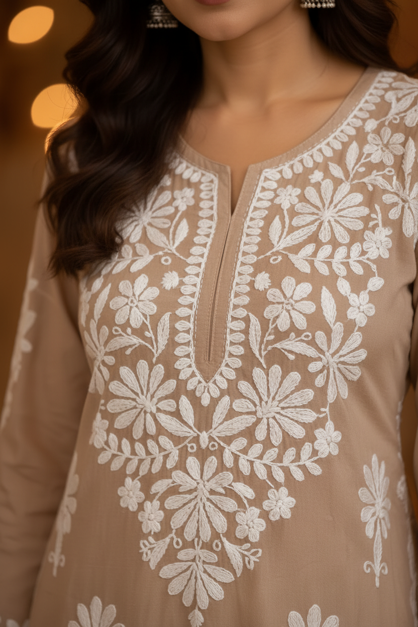 Chikoo Beige Embroidered Lucknowi Chikankari Coord Set