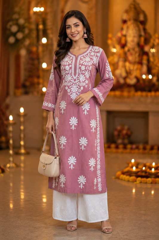 Dusty Pink Embroidered Lucknowi Chikankari Coord Set