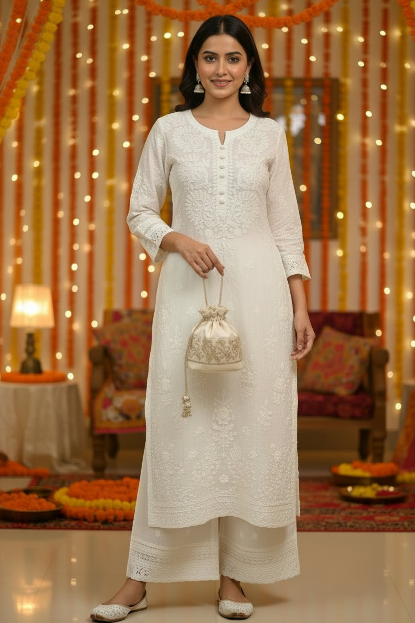 Ivory/White Embroidered Lucknowi Chikankari Coord Set