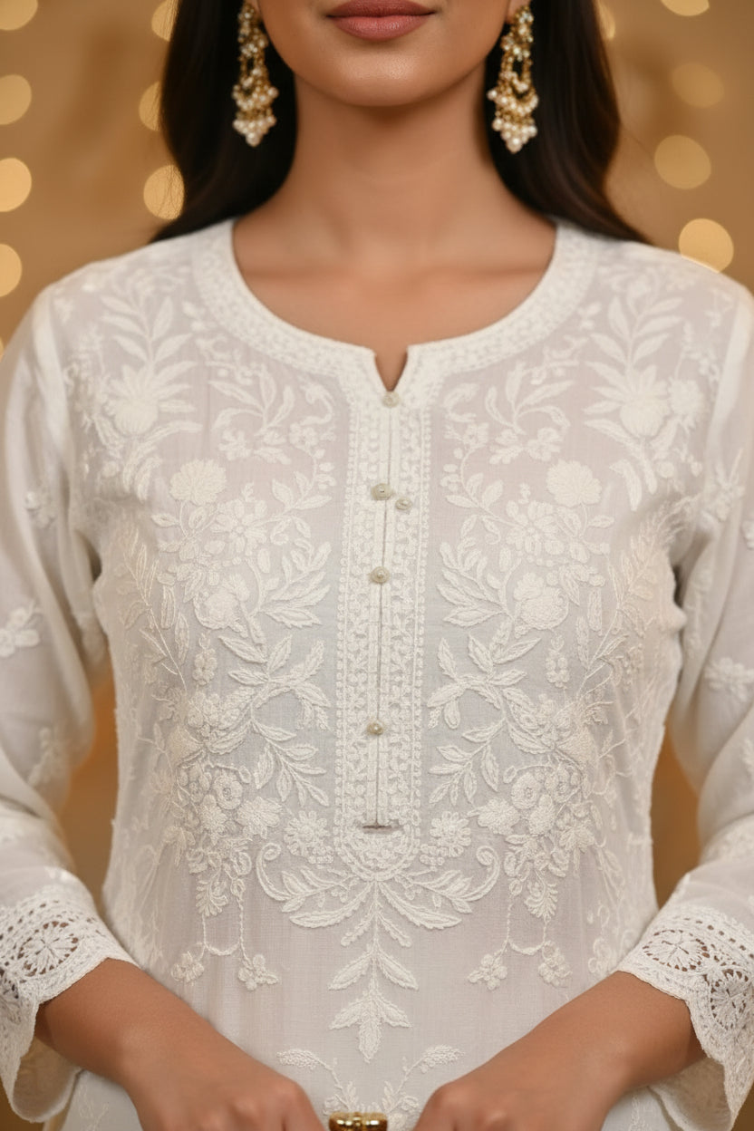 Ivory/White Embroidered Lucknowi Chikankari Coord Set