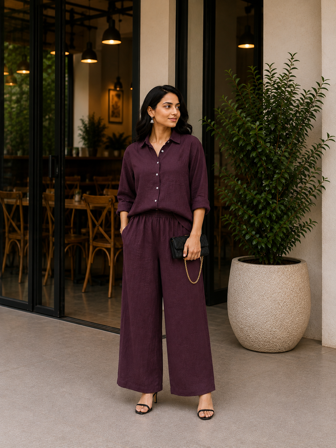 Dark Maroon Cotton Solid Coord Set